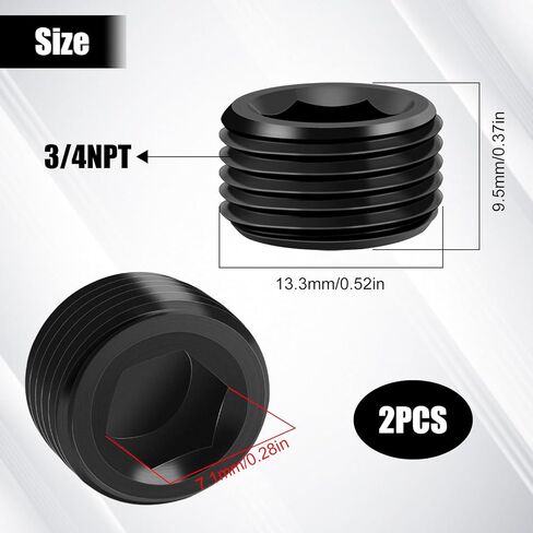 2PCS 3/4 NPT Male Thread Allen Head Hex Socket Pipe Plug Fitting, Black Anodized Aluminum Hard Adapter, Automotive Accessories Suitable for Vehicle Fuel Oil Line End Modification in Kuwait