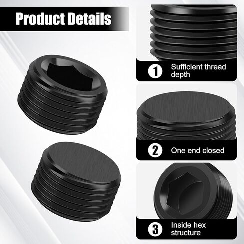 2PCS 3/4 NPT Male Thread Allen Head Hex Socket Pipe Plug Fitting, Black Anodized Aluminum Hard Adapter, Automotive Accessories Suitable for Vehicle Fuel Oil Line End Modification in Kuwait