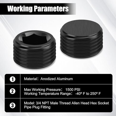 2PCS 3/4 NPT Male Thread Allen Head Hex Socket Pipe Plug Fitting, Black Anodized Aluminum Hard Adapter, Automotive Accessories Suitable for Vehicle Fuel Oil Line End Modification in Kuwait