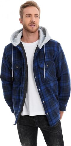 Flannel Jacket for Men Hoodies Quilted lined Plaid Winter Jacket Shirt Lightweight Warm Long Sleeve Jacket in Saudi Arabia