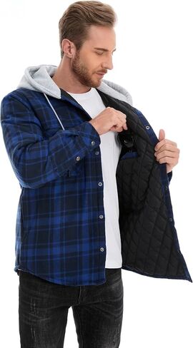 Flannel Jacket for Men Hoodies Quilted lined Plaid Winter Jacket Shirt Lightweight Warm Long Sleeve Jacket in Saudi Arabia