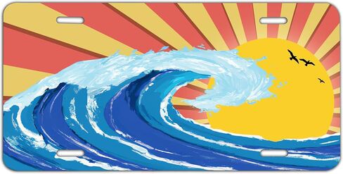 Wave at Sunset Ocean View and Sun Shine Red Sun Yellow Decorative Car Front Sublimated License Plate, 0.025 inch(0.65mm) Thickness 6"x12" inch-1017 in Kuwait