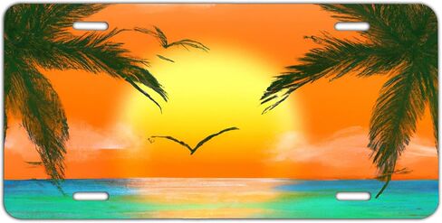 Wave at Sunset Ocean View and Sun Shine Red Sun Yellow Decorative Car Front Sublimated License Plate, 0.025 inch(0.65mm) Thickness 6"x12" inch-1017 in Kuwait