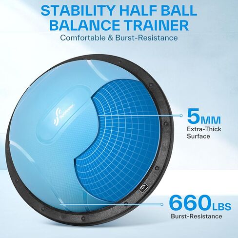 Sportneer Half Balance Ball - Inflatable Half Exercise Ball Balance Trainer with Resistance Bands & Pump - Non-slip Half Yoga Ball for Stability, Core Training, Physical Therapy - Home Gym Equipment in Saudi Arabia