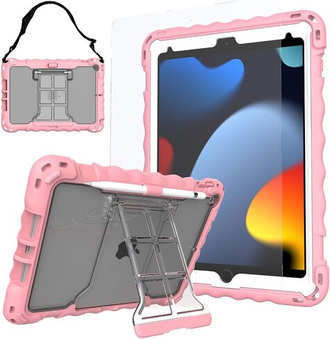 حافظة أطفال لجهاز iPad 10.2 بوصة - غطاء سيليكون مقاوم للصدمات مع واقي شاشة من الزجاج المقوى وحزام - متوافق مع iPad 9th/8th/7th Gen (2021) (وردي) in Saudi Arabia