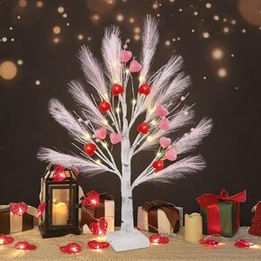 DR.DUDU Valentines Day Decor Birch Tree, 27.5 Inch Valentine Trees with LED Lights Heart Ornaments, Lighted Branches Small Tree with Pink Feather for Indoor Home Table Mantle Decorations