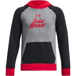 Under Armour Boys' UA Rival Fleece Script Blocked Hoodie (US, Alpha, X-Large, Regular, Red/Black/Grey)