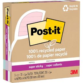 Post-it 100% Recycled Paper Super Sticky Notes, 2X The Sticking Power, 4x4 in, 3 Pads, 70 Sheets/Pad, Oasis Collection (675R-3SST)
