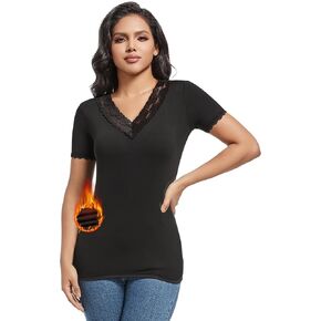 MANCYFIT Short Sleeve Thermal Shirts for Women Thermal Tops Lace V Neck Fleece Lined Tops for Women Base Layer