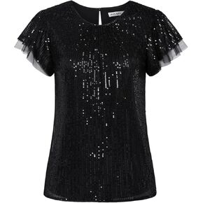 GRACE KARIN Women's Sparkly Sequin Tops Short Sleeve Glitter Dressy Blouses Round Neck Club Ruffle Party Tops