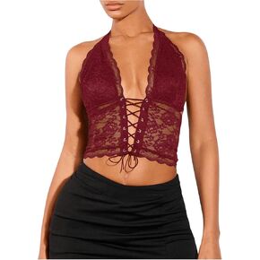 Women's Sexy Lace Corset Top Halter Neck Lace Up Front Crop Top Y2K Backless Tie Tank