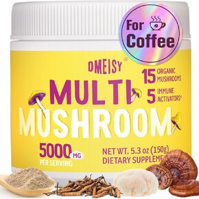 Mushroom Powder 5000mg | For Mushroom Coffee, 20-in-1 Mushroom Complex with Lions Mane Powder, Reishi, Cordyceps, Turkey Tail & Herbs, Brain Supplements for Memory and Focus, Energy, Immunity - 5.3oz