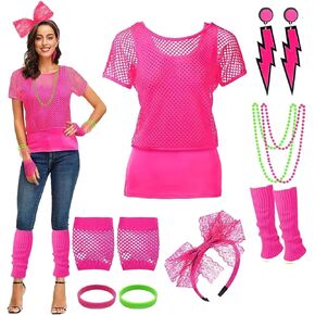 Xintorch 80s Outfit Women Costume Accessories Set Fishnet Neon Off Shoulder T-Shirt Lace Headband Fishnet for 80's Party