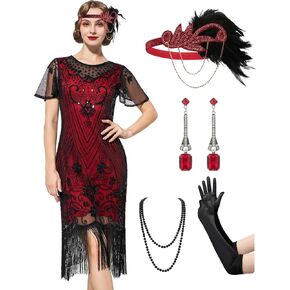 SWEETV Women's Flapper Dresses 1920s Dresses for Women,Crew Neck Great Gatsby Dresses with Sleeve-Roaring 20s Costumes