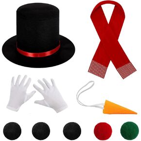 9 Pcs Snowman Costume Kit Christmas Party Winter Frosty Costume Snowman Hat with Red Carrot Nose Red Scarf Cotton Gloves 3 Color Christmas Pom Pom Balls