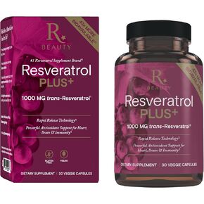 Reserveage Beauty Resveratrol Plus+ 1000 mg - Rapid-Release Resveratrol Capsules with Quercetin for Immune System, Brain Health & Cellular Health - Gluten-Free & Vegan - 30 Veggie Capsules
