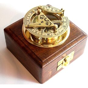 Brass Sundial Compass -Solid Brass Pocket Sundial - West London with Wooden Box Rustic Vintage Home Decor Gifts