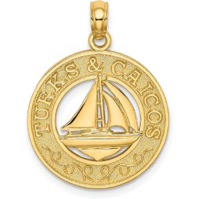 Lex & Lu 14k Yellow Gold TURKS and CAICOS On Round Frame w/Sailboat Charm
