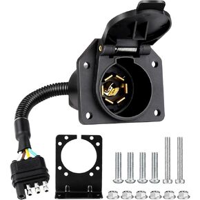 4 Pin to 7 Pin Adapter Trailer Light Adapter 4-Way Flat Truck to 7-Way Blade Reverse Plug Connector with Mounting Bracket 16AWG Copper Wire Trailer Light Plug for RV Truck Towing Solutions