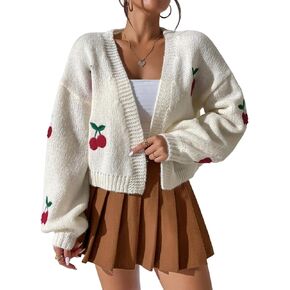 GORGLITTER Women's Graphic Cherry Cardigan Open Front Cable Knit Lantern Sleeve Cropped Cardigan Sweater in Saudi Arabia