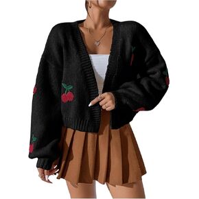 GORGLITTER Women's Graphic Cherry Cardigan Open Front Cable Knit Lantern Sleeve Cropped Cardigan Sweater