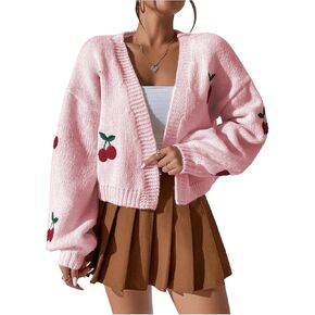 GORGLITTER Women's Graphic Cherry Cardigan Open Front Cable Knit Lantern Sleeve Cropped Cardigan Sweater in Kuwait