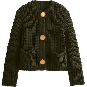 Womens Fall Chunky Knit Cardigan Gold Button Down Long Sleeve Crop Crochet Sweater
