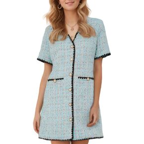 Kedera Women's Tweed Dress Short Sleeve V Neck Button Jackie Mini Dress with Pockets