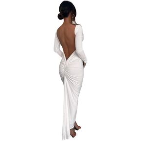 Women Bodycon Maxi Dress Long Sleeve Backless Ruched Party Cocktail Formal Wedding Guest Dresses Evening Gown