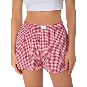 MakeMeChic Women's Gingham Print Shorts Elastic Waist Button Front Wide Leg Lounge Shorts