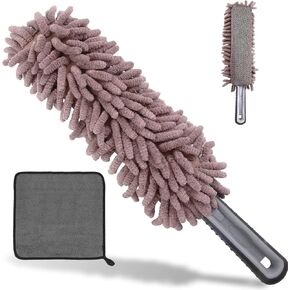 Car Duster Interior, Microfiber car wash Brush with Sponge, Cleaning Products for car Screens, car Leather, Exterior, tire, Wheel, Detailing. Must-Have Accessories for Your Cleaning kit. Gray
