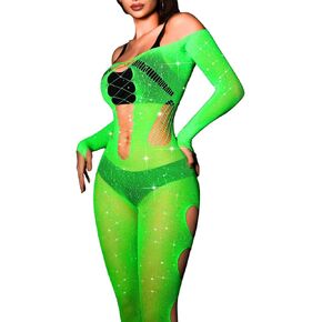 Sexy Rhinestone Jumpsuit For Women, Exotic Stripper Dancewear, Fishnet Mesh Bodysuit, Glow Lingerie Bodystocking