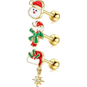 BodyBonita 3Pcs 16G 316 Surgical Steel Christmas Cartilage Earring CZ Tragus Piercing Jewelry Helix Studs Conch Piercing Jewelry Stud Earring for Women Men