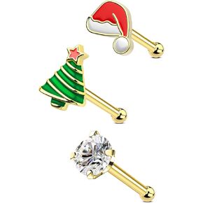 COCHARM 3pcs 20g Christmas Nose Stud Gold Xmas Nose Ring Stud Red Hat Nose Bone Pack Christmas Nose Piercing 7mm Long Post Cute Holly Tree Nose Pin Green Nose Stud 20g