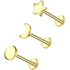 3pcs G23 Titanium Threadless Cartilage Earrings Moon Star Flat Back Stud 18g Nose Stud Lip Ring Helix Tragus Piercing Jewelry for Women