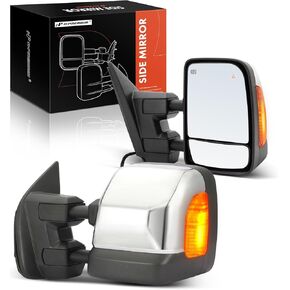 A-Premium Towing Mirrors - Compatible with Nissan Titan 2017-2022 - Manual Folding Heated Memory Function Telescoping Chrome - with Power Glass Turn Signal Blind Spot Detection Puddle Light - Pair Set
