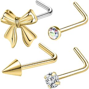 Nose Studs 20g Nose Stud L Shaped Diamond Nose Rings Stud for Women Surgical Steel Nose Rings Nose Screw Nose Piercing Stud Flower Heart Bow knot wing Nostril Jewelry Silver Gold