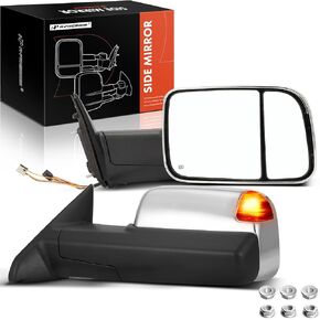 A-Premium Towing Mirrors Compatible with Ram 1500, 1500 Classic, 2500, 3500 - Manual Folding Heated Flip Chrome - with Power Glass Turn Signal Puddle Light Temperature Sensor - Pair Set