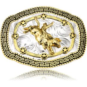 Western Belt Buckle for Men, Horse Bull Rooster Cross Cowboy Belt Buckle, Golden Large Belt Buckles Mens