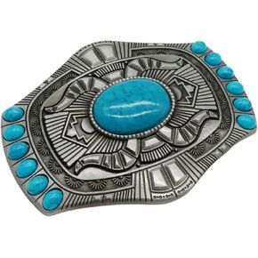 Men Cowboys Southwestern Fashion Belt Buckle Silver Metal Aztec Mayan Style Turquoise