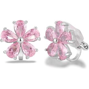 Clip On Flower Earrings for Women CZ Sparkly Stud Earrings Non Pierced Cubic Zirconia Cherry Blossom