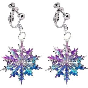 Christmas Earrings Snowflake Earrings for Women,Clip on Earrings Non Pierced, Blue Purple Fantasy Snowflake Drop Earrings, Lightweight Dreamy Snowflake Dangle Earrings Snowflake Jewelry Winter Season