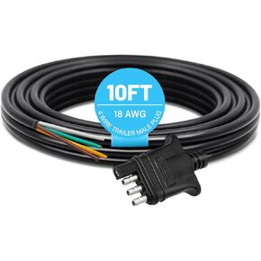 4 Way Trailer End Connector Wire 10 Feet Jacketed Cable, Heavy Duty 18AWG 4 Pin Trailer Light Plug Color-Coded Pure Copper, Trailer-Side Male End 4 Flat Connector Trailer Hitch Wiring 10ft
