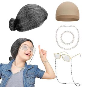 Huskein 100 Days of School Costume, Old Lady Cosplay Silver Bun Wig Glasses Wig Cap Pearl Necklace Bracelet Accessories for Girls