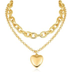 Chunky Gold Necklace Heart Pendant - 14k Gold Plated - Thick Chain - Multilayer Long Necklace for Women