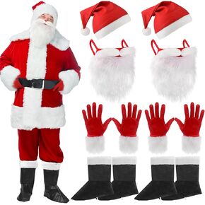 Suhine 8 Pcs Christmas Santa Claus Costume Accessory White Face Mask Beard Hats Boots Gloves with White Cuff for Adult Men Women Costume Christmas Party