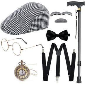 Gionforsy Old Man Costume Accessories Set Grandpa Accessories Set 1920s Mens Gatsby Gangster Costume with Newsboy Hat