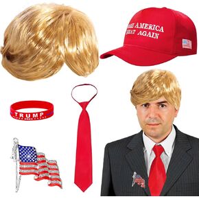 Trump Hat Trump Merch with Gold Wig Flag Pin Tie Adjustable Baseball Cap Halloween Cosplay Dress Up
