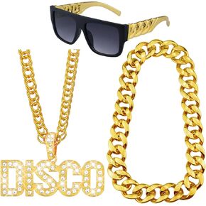 3 Pack 70s Party Chain Costumes Outit Fake Gold chain Disco Necklace Twist Leg Punk sunglasses 80s 90s Hip Hop Costumes for Men Women Rapper Accessories