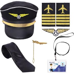 Airline Pilot Captain Hat Kit Pilot Costume Accessories Set for Men Adults Tie Wings Patch Halloween Cosplay Party